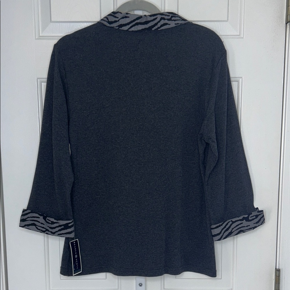 Karen Scott Charcoal Gray Long Sleeve Polo with Zebra Trim Sz Large 100% cotton - Picture 7 of 8